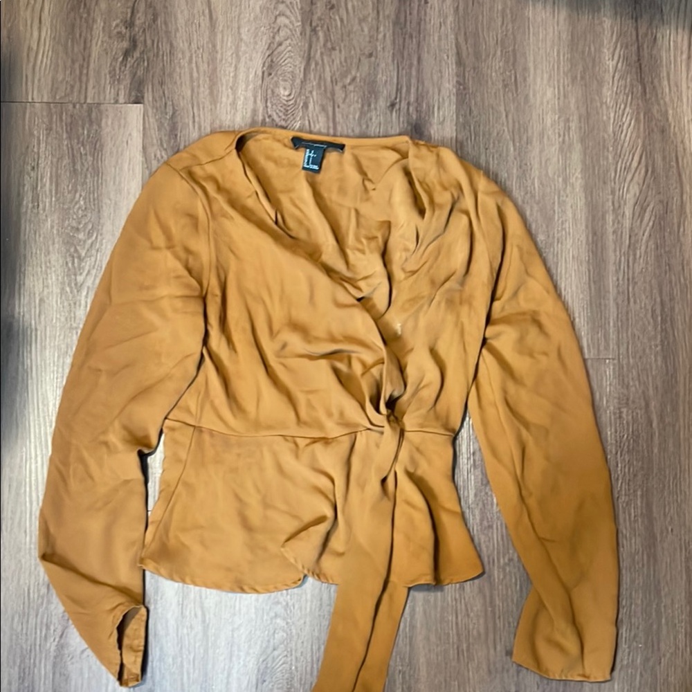 Forever 21 Gold V-Neck Long Sleeve Blouse